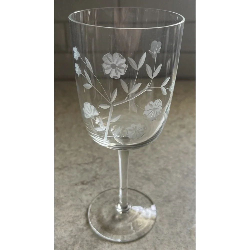 Vintage Etched Frosted Crystal Stemmed Wine Goblet Glass 3